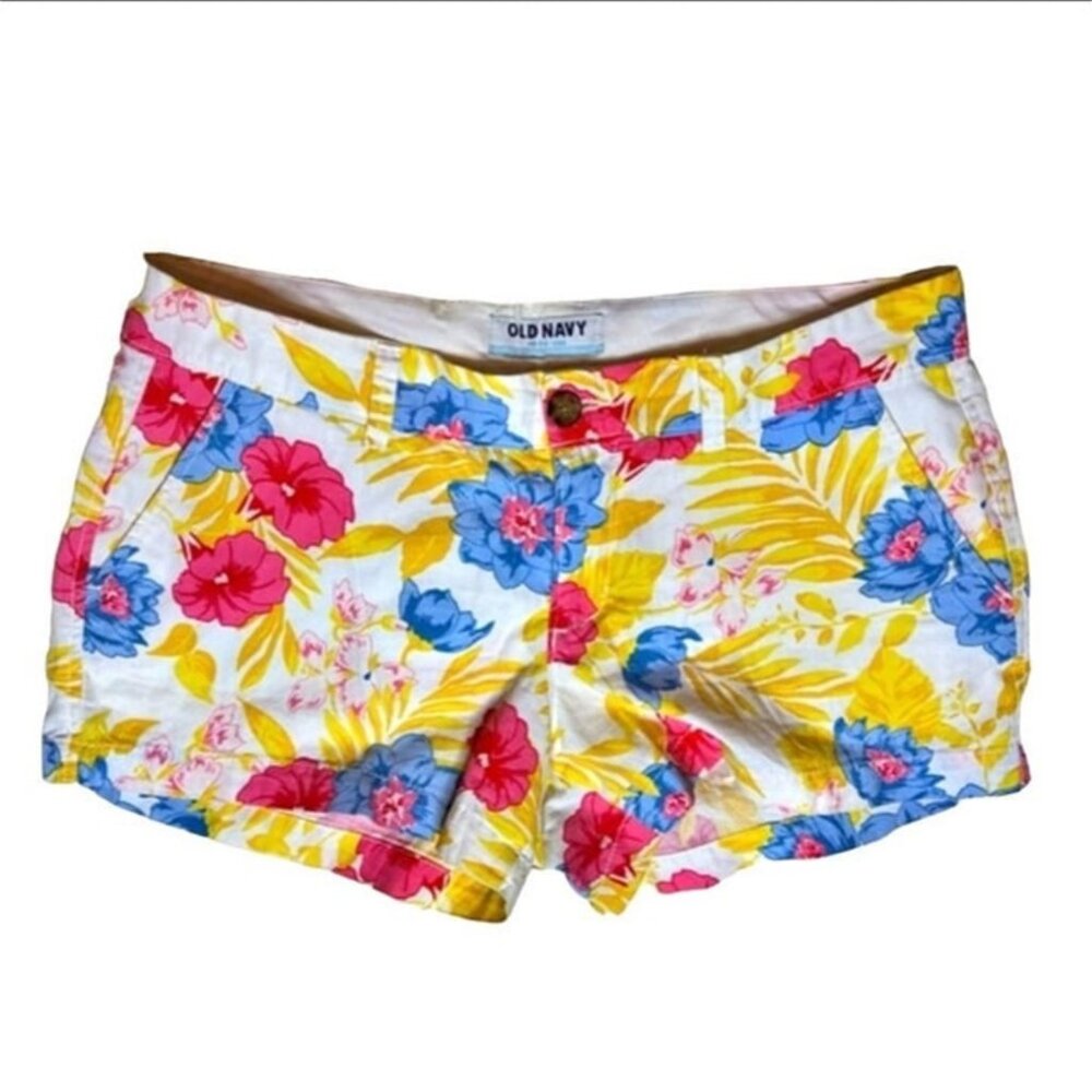 Old Navy Floral Hawaiian White Blue Pink Yellow Flower Canvas Shorts Women 4